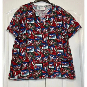 Crest Cottons Christmas Santa Reindeer Short Sleeve Scrub Top Women's XL
